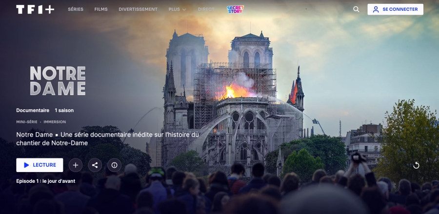 TF1+ - Notre Dame - Une série documentaire inédite sur l’histoire du chantier de Notre-Dame - Photo Bruno de Hogues L'incendie de la Cathédrale Notre-Dame lors de travaux de restauration, le 15 Avril 2019 à 20H42. Paris, France