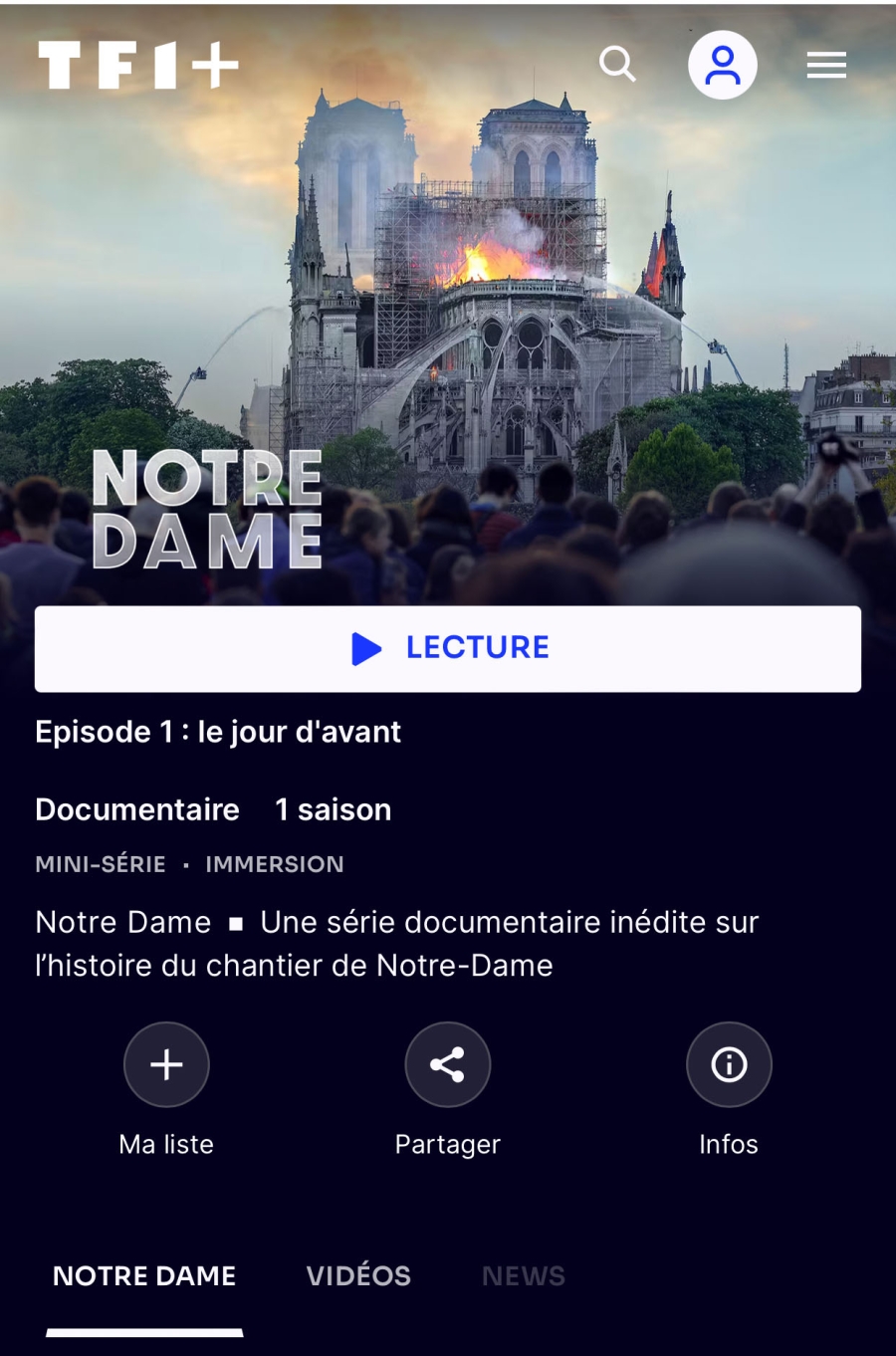 TF1+ - Notre Dame - Une série documentaire inédite sur l’histoire du chantier de Notre-Dame - Photo Bruno de Hogues L'incendie de la Cathédrale Notre-Dame lors de travaux de restauration, le 15 Avril 2019 à 20H42. Paris, France