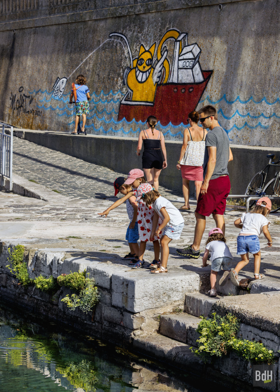 Sète est devenue depuis 2008 un Musée à Ciel Ouvert (MaCO) du Street Art. On peut y découvrir dans toute la ville de nombreuses oeuvres enrichies chaque année de nouvelles. Mr Chat sur le môle Saint-Louis. Des Enfants jouent avec les poissons dans le port. 'M. Chat' par Thoma Vuille (2010)