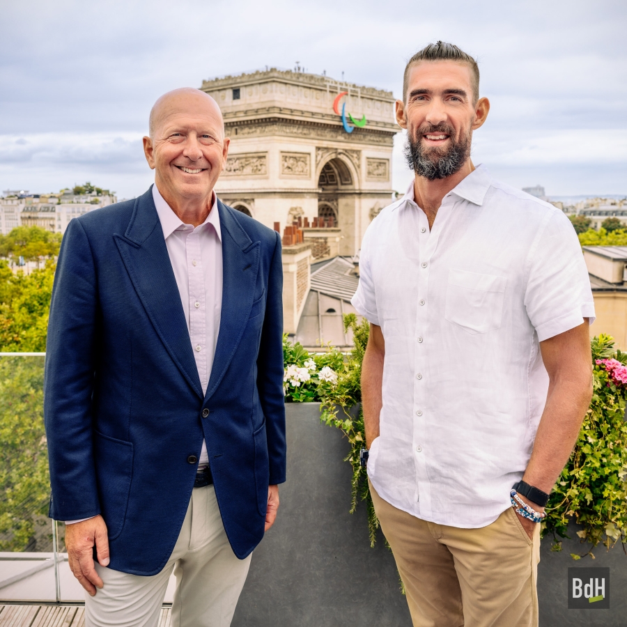 Goldman Sachs reception with guest Michael Phelps and Goldman Sachs Chairman &amp; CEO, David Solomon for Opening ceremony of Olympic Games Paris 2024, in front of Arc de Triomphe with Agitos Paralympics logo